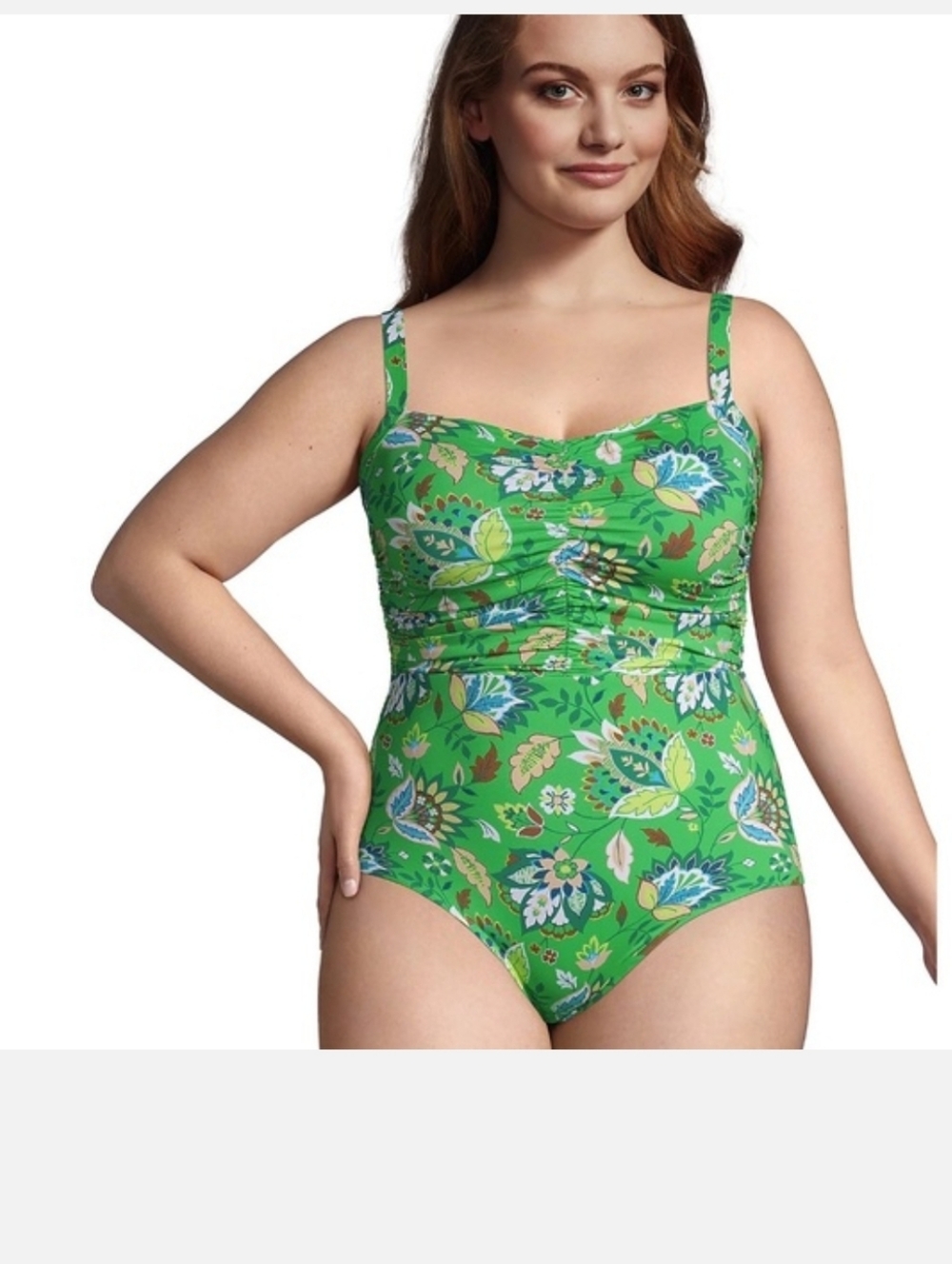 Lands’ End Green Floral Ruched One Piece Swimsuit Size 6 Tummy Control